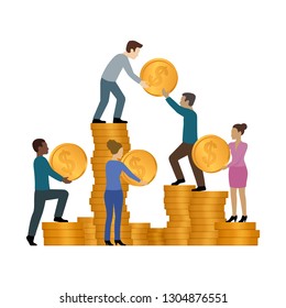 People group put stacks of big money coins - financial business concept - vector isolated illustration
