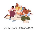People group reading together. Book lovers, fans relaxing. Young readers, happy bookworms in literature club. Education, knowledge concept. Flat vector illustration isolated on white background