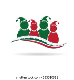 People Group with Santa hat and snow. Holiday season greetings  