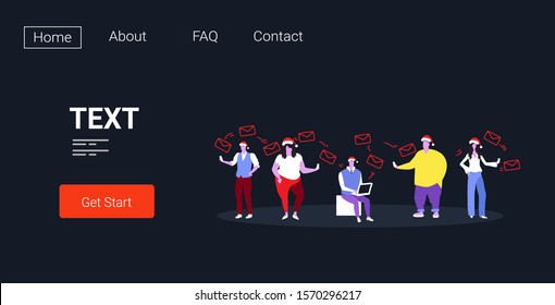 people group in santa hats using gadgets sending messages social media chatting online mobile application communication christmas holidays concept full length horizontal vector illustration