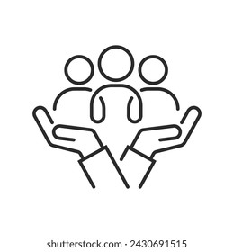 People group save thin line black and white icon, inclusion social equity, community care icon. Editable flat stroke vector icon.