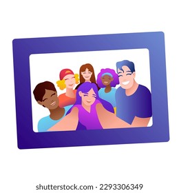 People group selfie. Friendly guy makes group photo with smiling friends on smartphone camera in hands, taking self portrait photos. Telephone photography vector cartoon illustration.