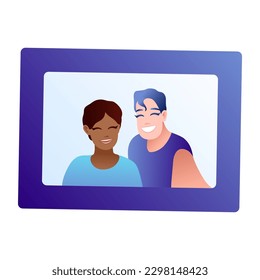 People group selfie. Friendly guy makes group photo with smiling friends on smartphone camera in hands, taking self portrait photos. Telephone photography vector cartoon illustration.