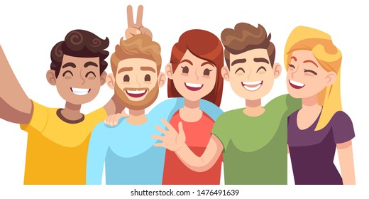 People group selfie. Guy takes group photo with smiling friends on smartphone in hands vector cartoon friendly taking shooting self young portrait characters