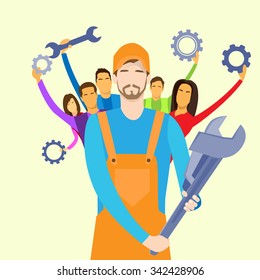 People Group Service Technical Support Team Hold Wrench and Cogwheels Vector Illustration