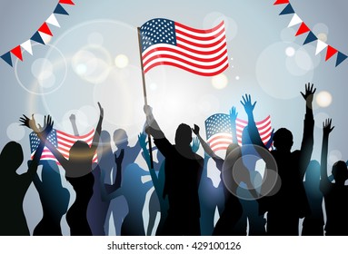 People Group Silhouette Crowd Hold Flag United States America Independence Day Party Vector Illustration