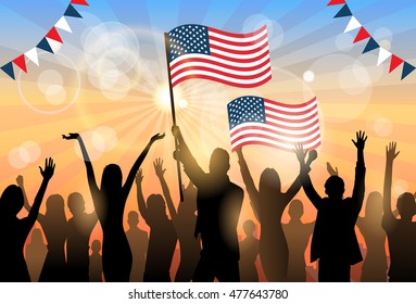 People Group Silhouette Crowd Hold Flag United States America Patriot Day Celebration Vector Illustration