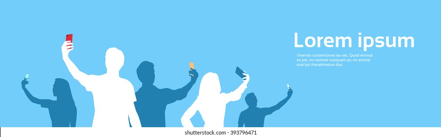 People Group Silhouette Taking Selfie Photo On Cell Smart Phone Banner Copy Space Vector Illustration