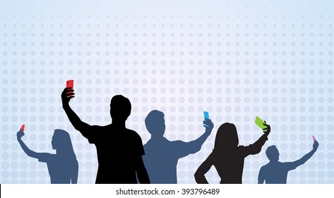 People Group Silhouette Taking Selfie Photo On Cell Smart Phone Vector Illustration