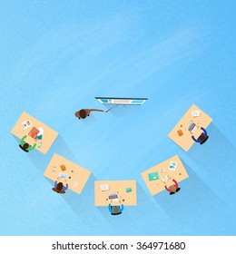 People Group Sitting Classroom Student Desk University Lecture, Business Seminar Top Angle Above View Flat Vector Illustration