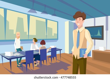 People Group Sitting Classroom Student Desk University Palestra, Seminário de Negócios Ilustração de Vetor Plano