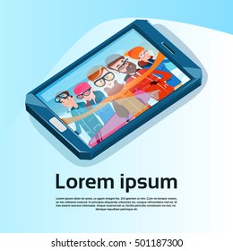 People Group With Ski Snowboard Take Selfie Photo Winter Activity Sport Vacation Flat Vector Illustration