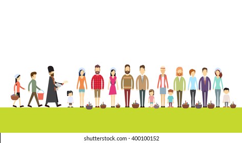 People Group Stand In Line Priest Blessing Easter Basket Consecrate Cakes Eggs Happy Holiday Banner Flat Vector Illustration