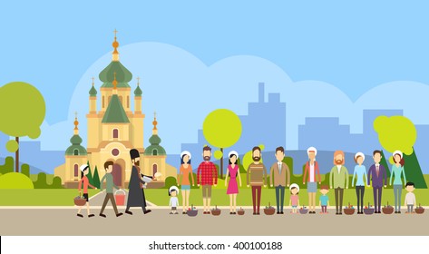 People Group Stand In Line  Priest Blessing Easter Basket Church,  Consecrate Cakes Eggs, Happy Holiday Banner Flat Vector Illustration