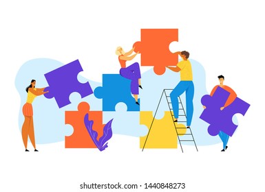 People Group Stand on Ladder Together Set Up Huge Colorful Separated Puzzle Pieces. Businesspeople Teamwork, Office Employees Cooperation, Collective Work, Partnership Cartoon Flat Vector Illustration