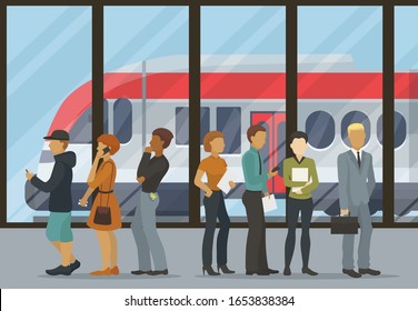 People Group Stand In Queue For Boarding Train Vector Illustration. Different People Man Woman Waiting For Train Departure On Platform. Metro Subway Or Railway Passenger Travel Transportation Station.