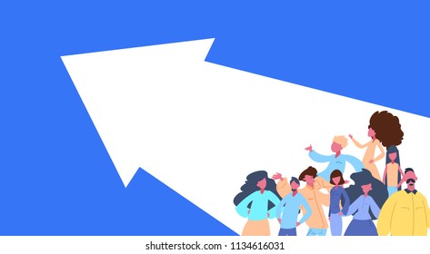 people group standing arrow right way team success concept man woman character diversity poses isolated cartoon portrait flat vector illustration