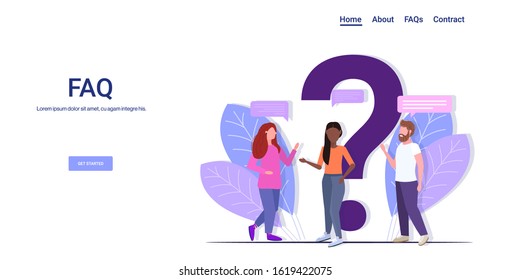 people group standing near question mark mix race team online support center frequently asked questions FAQ concept full length copy space horizontal vector illustration