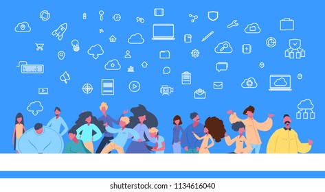 people group standing online data cloud synchronization social network icon over blue background flat vector illustration