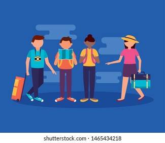 people group with suitcases backpack vacations and travel vector illustration