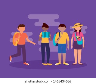 people group with suitcases backpack vacations and travel vector illustration