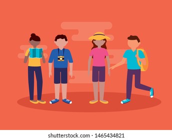people group with suitcases backpack vacations and travel vector illustration