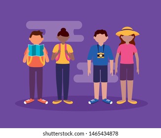people group with suitcases backpack vacations and travel vector illustration