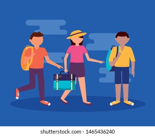 people group with suitcases backpack vacations and travel vector illustration