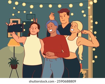 People group take selfie. Joyful friends photographed on front camera of smartphone, joint christmas celebrating, happy party time, cartoon flat isolated illustration, vector concept