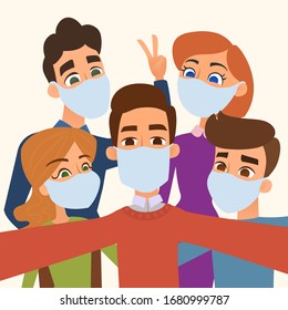 People group taking selfie photo in white protection medical face mask. Friends take a picture. Selfie shot teenagers, gays. Vector illustration.