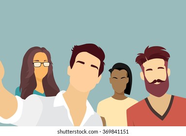 People Group Taking Selfie Photo On Smart Phone Mix Race Vector Illustration