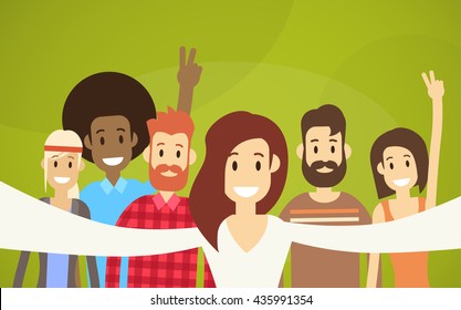 People Group Taking Selfie Photo Hipster Friends Flat Vector Illustration