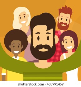 People Group Taking Selfie Photo Hipster Friends Flat Vector Illustration