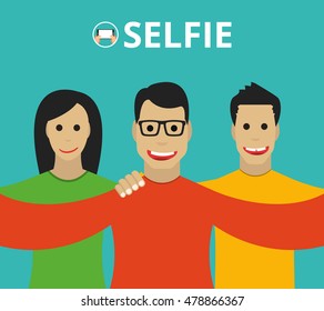 People group taking selfie photo on smartphone. Vector flat illustration.