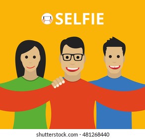 People group taking selfie photo on smartphone. Vector flat illustration.