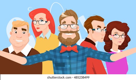 People Group Taking Selfie Photo On Smart Phone Colorful Casual Hipster Friends Vector Illustration