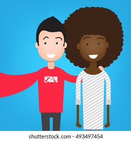 People Group Taking Selfie Photo On Smart Phone Mix Race Vector Illustration