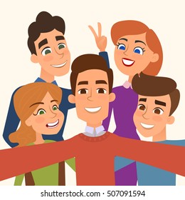 People Group Taking Selfie Photo . Friends Take A Picture. Selfie Shot Teenagers, Gays. Vector Illustration.