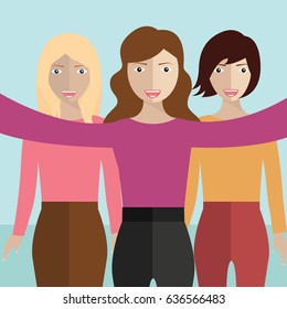 People Group Taking Selfie Photo girls Friends Flat Vector Illustration
