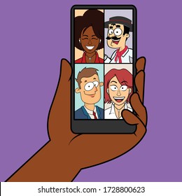 La gente se agrupa hablando juntos en una llamada telefónica de la aplicación de videoconferencia. Mano sosteniendo el teléfono mostrando caras. Un grupo colectivo de equipos móviles llama a la comunicación de videoconferencia. Ilustración vectorial plana