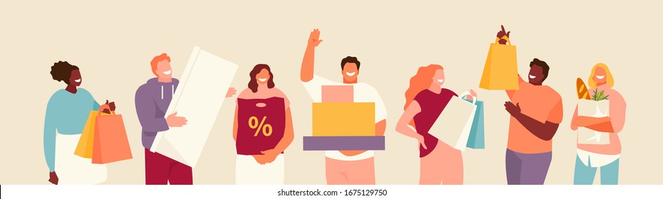 Las personas se agrupan con sus compras. Ilustración vectorial de ventas y descuentos