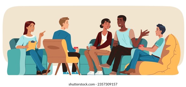 People group therapy discussion with psychologist. Patient men, women meeting and talking. Psychology family session help, psychological conversation, psychotherapy support flat vector illustration 