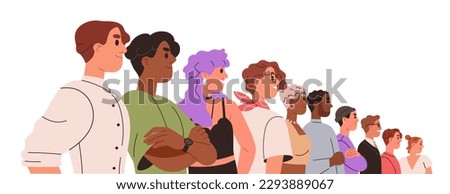 People group together in row. United business team, union, confident community standing in line, perspective view. Fellowship concept. Flat graphic vector illustration isolated on white background