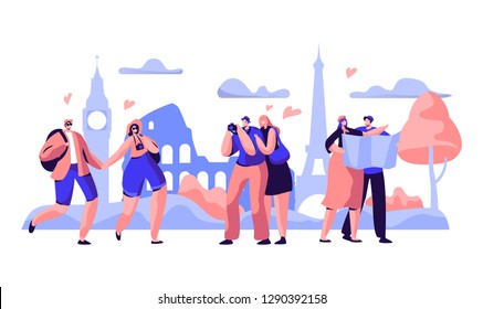 People Group Travel Take Photo Europe Sight. Happy Man Character In Vacation With Backpack, Camera And Map. Hipster Hiking Tourism On Urban Background Concept Flat Cartoon Vector Illustration