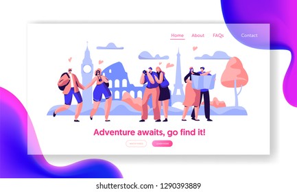 People Group Travel Take Photo Sight Landing Page Template. Happy Man Character in Vacation with Backpack, Camera and Map Concept for Website or Web Page. Flat Cartoon Vector Illustration