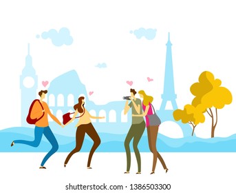 People Group Travel Take Photo Europe Sight. Happy Man Character in Vacation with Backpack, Camera and Map. Hipster Hiking Tourism on Urban Background Concept Flat Cartoon Vector Illustration 