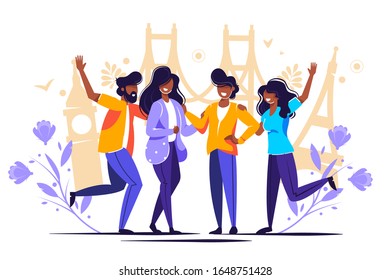 	
People Group Travel Take Photo Europe Sight. Happy Man Character in Vacation with Backpack, Camera and Map. Hipster Hiking Tourism on Urban Background Concept Flat Cartoon Vector Illustration
