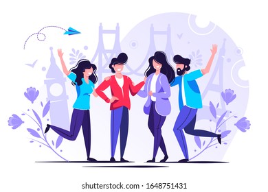 	
People Group Travel Take Photo Europe Sight. Happy Man Character in Vacation with Backpack, Camera and Map. Hipster Hiking Tourism on Urban Background Concept Flat Cartoon Vector Illustration
