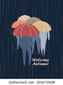 People group with umbrellas under the rain. Silhouette flat vector illustration. Autumn theme.