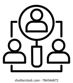 A people group under magnifier, analytical group thin line icon